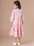 Girls Tiered Floral Print Tie-Up Neck A-Line Midi Cotton Dress
